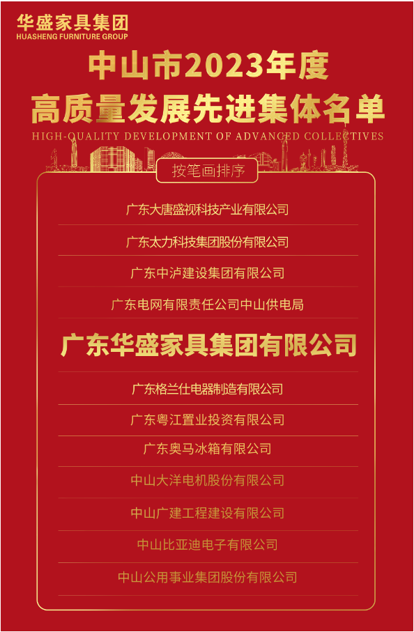 华盛家具集团荣获“中山市2023年度高质量发展先进集体”奖项 华盛家具集团荣获“中山市2023年度高质量发展先进集体”奖项