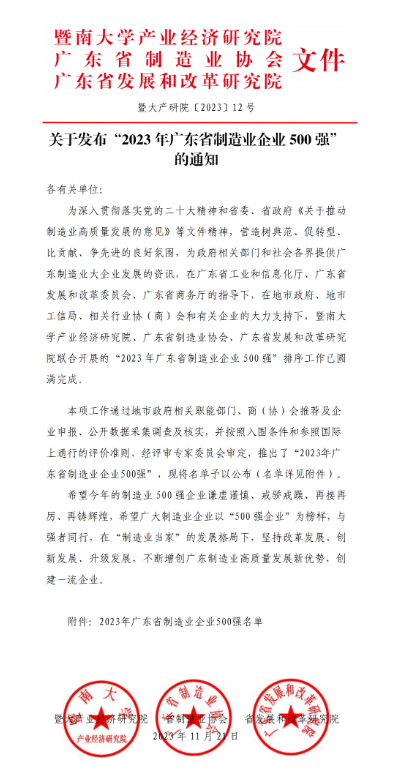 华盛家具集团再次荣登广东省制造业企业500强荣誉榜! 华盛家具集团再次荣登广东省制造业企业500强荣誉榜!